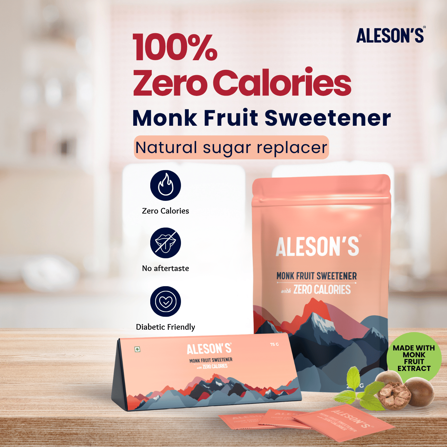 Aleson's monk fruit sweetener zero calorie sugar alternative India