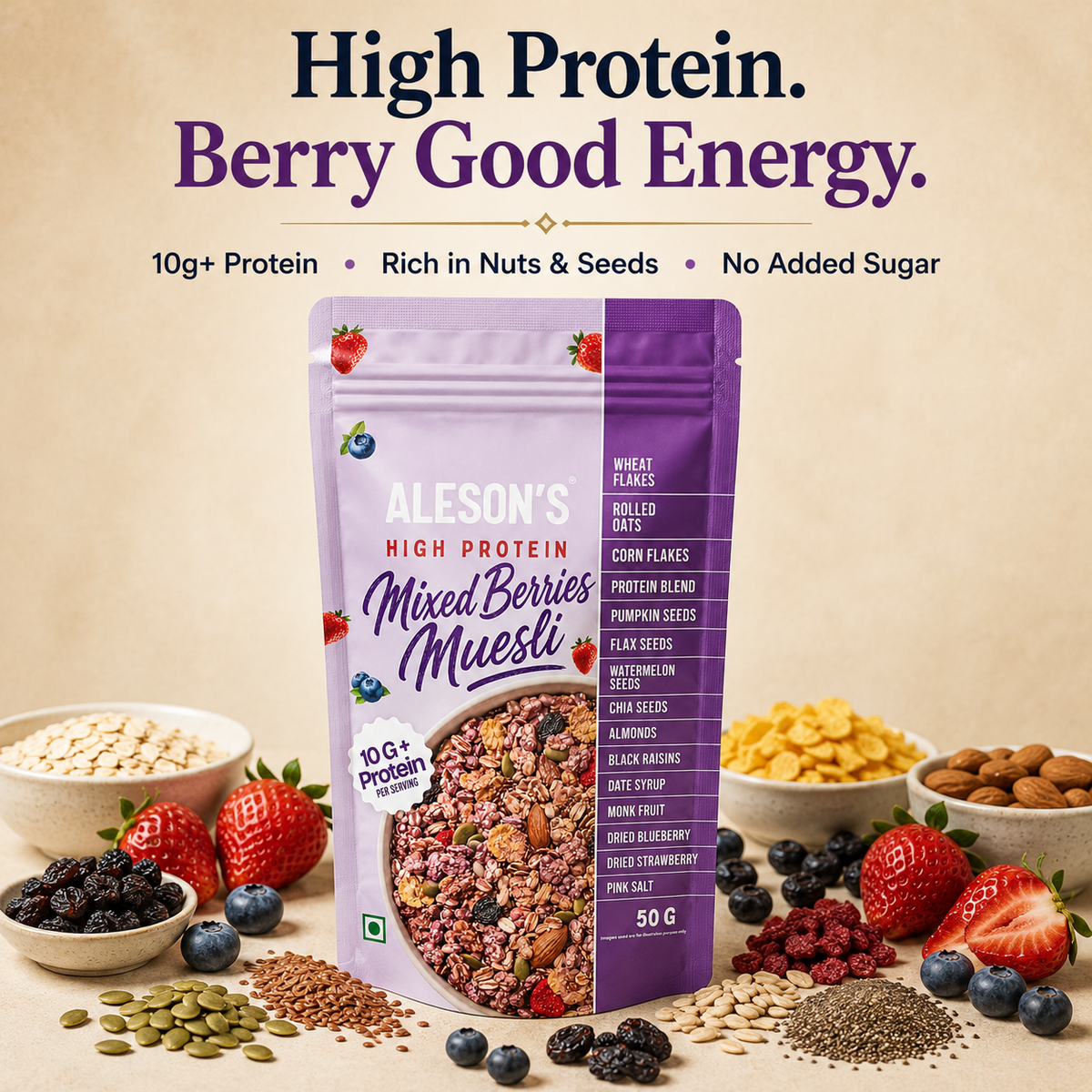 Aleson’s High Protein Mixed Berries Muesli – 50g Trail Pack