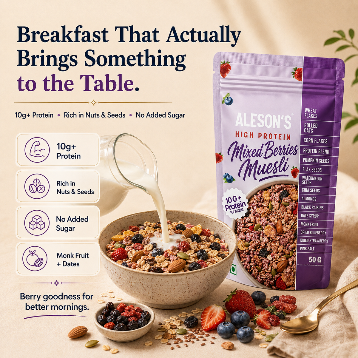 Aleson’s High Protein Mixed Berries Muesli – 50g Trail Pack