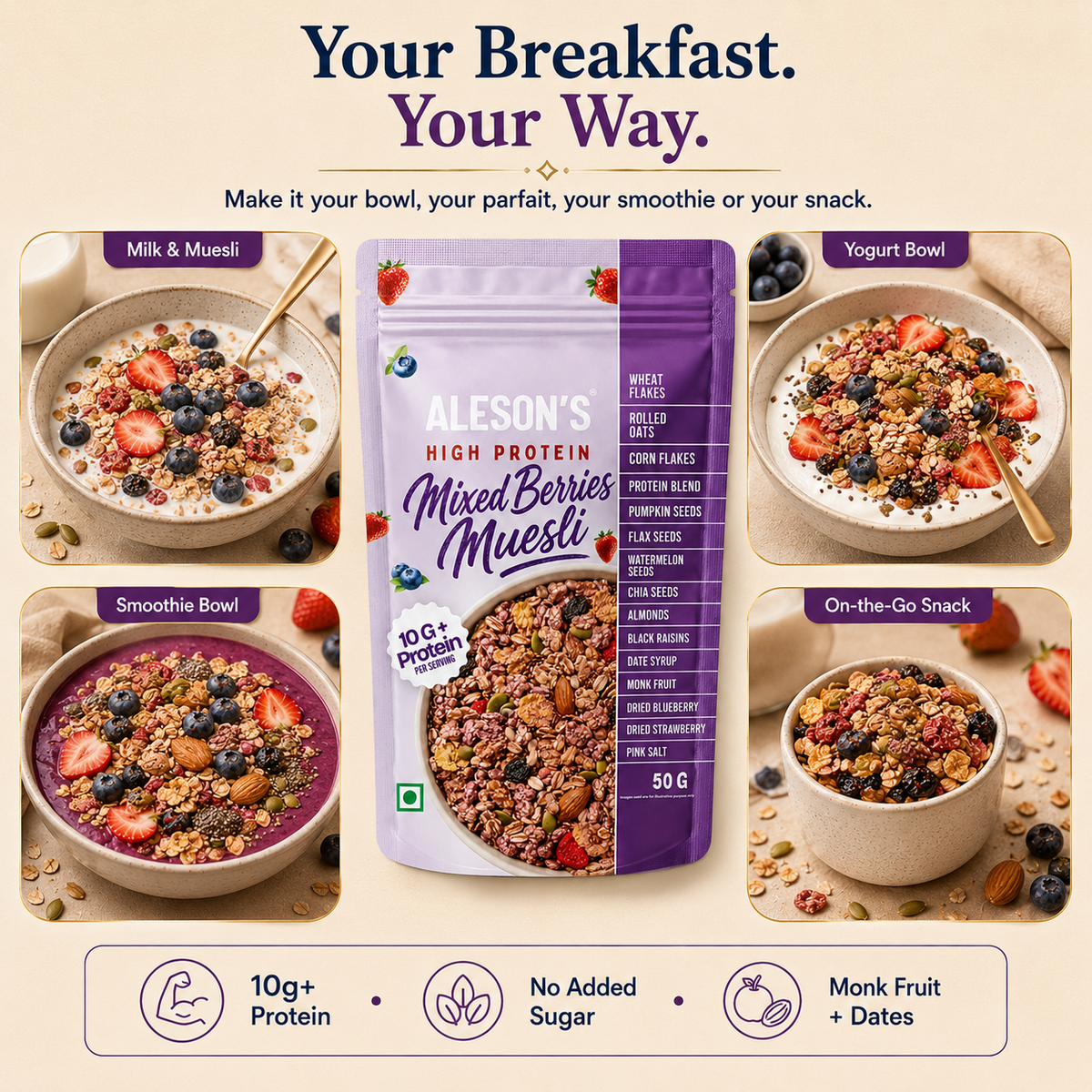 Aleson’s High Protein Mixed Berries Muesli – 50g Trail Pack