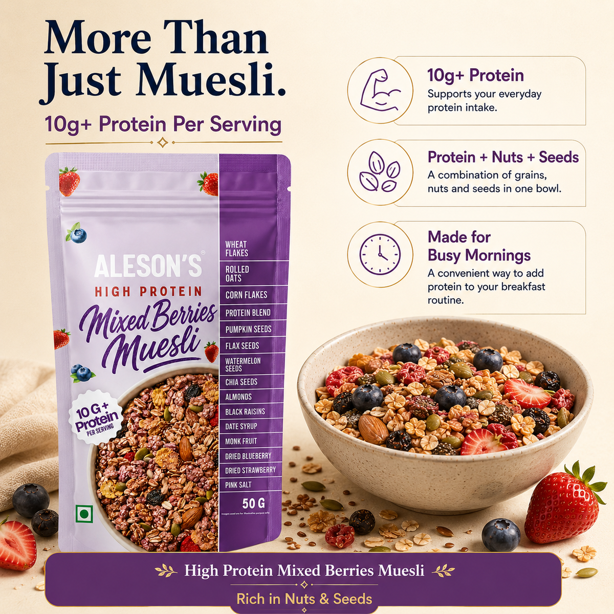 Aleson’s High Protein Mixed Berries Muesli – 50g Trail Pack