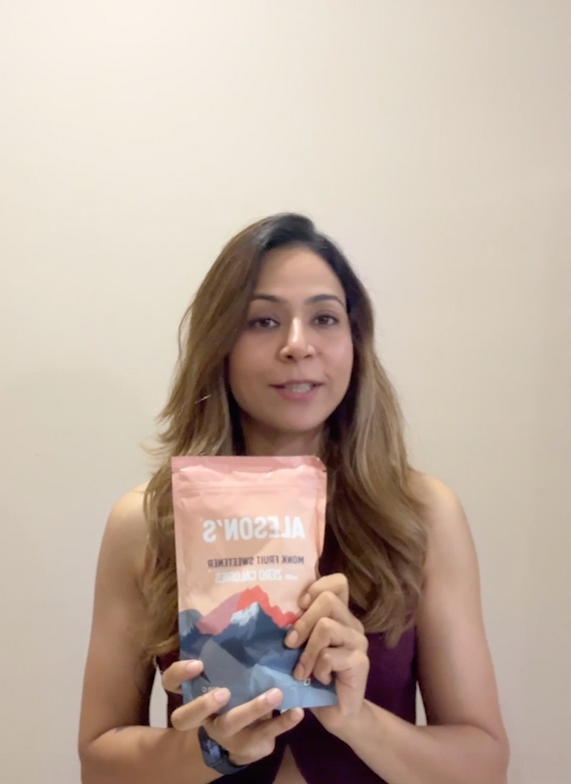 Nutrition and lifestyle coach Ruchi Sharma recommending Aleson’s Monk Fruit Sweetener