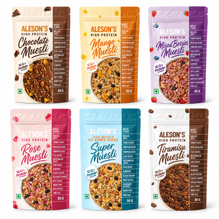 Six stand-up pouches of Aleson's High Protein Muesli. The flavors shown are Rose Muesli (pink), Mixed Berry Muesli (purple), Mango Muesli (yellow-orange), Chocolate Muesli (brown), Super Muesli (light blue), and Tiramisu Muesli (dark brown). FSSAI certified license number - 11524998001052